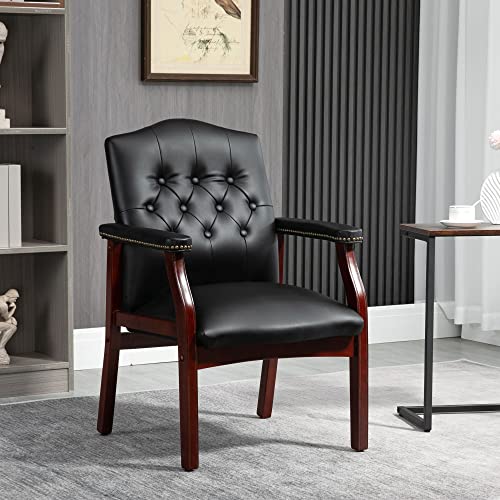 WDYLWFHW Leather Office Reception Guest Chairs, Ergonomic Office Executive Side Chair, Mid-Back Waiting Room Conference Office Guest Lobby Chairs with Padded Seat and Arms,No Wheels,1 PC(Black)