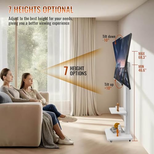 Rolling TV Stand for 32-75 Inch TVs, Height & Angle Adjustable Portable Television Stand with Lockable Wheels & Shelf, VESA 600x400mm, Mobile TV Cart for Living Room Bedroom Office (White-2)