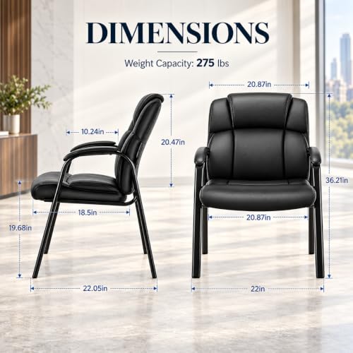 Simple Deluxe Office Guest Chair with Padded Arm Rest No Wheels, Waiting Room Reception Leather Stationary Chairs for Conference Room, Lobby, Home, Desk Table Side, Dining, 2 Pack Thickened Cushion