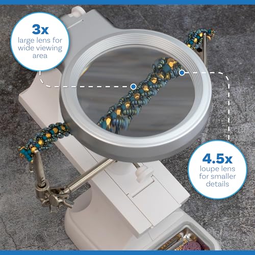 The Beadsmith Third Hand Magnifier – 3.0X Lens w/ 4.5X Inset Lens, 10 LED Lights, Fully Adjustable, Includes Alligator Clips, Tool Holder, & Removable Metal Tray