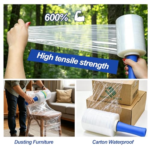 BOMEI PACK 12 Packs Stretch Film Shrink Wrap Roll - 80 Gauge 5" x 1000Ft - Industrial Strength Plastic Wrap with Handle Durable Self-Adhering Mini Clear Wrap for Moving, Packing, Furniture & Pallet