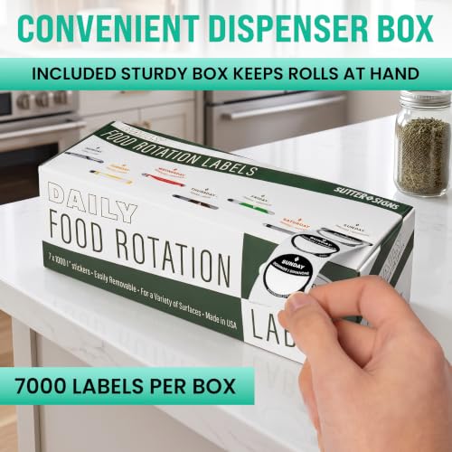Date Stickers for Food - Day of the Week Day Dots Removable Food Labels, 1" Date Dot Stickers for Food Containers, 7000 Labels with Dispenser Box