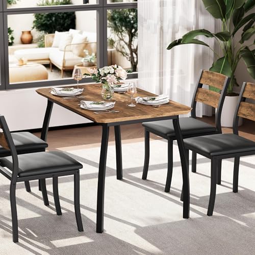 Dining Table Set for 4, Modern Kitchen Table and Chairs Set with Chamfered Edges, Cushioned Seats, Space-Saving Metal Frame, Compact Breakfast Nook Set for Dining Room, Apartment, Small Spaces, Retro