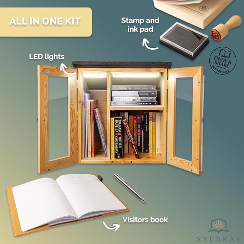 Sylbray Little Library Box Outdoor with LED Lights, Larch Wood, Waterproof