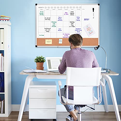 Amazon Basics 24" x 36" Monthly Whiteboard Calendar with Cork Board, Dry Erase Magnetic Whiteboard for Daily Planning, Wall Mounted, Silver Aluminum Frame