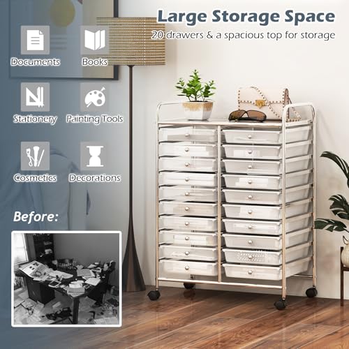 RELAX4LIFE 20 Drawer Rolling Storage Cart, Mobile Rolling Cart w/Drawers for School Classroom Teacher Office Home Salon, Paper File Art Supply Craft Organizer, Utility Cart on Wheels (Clear)