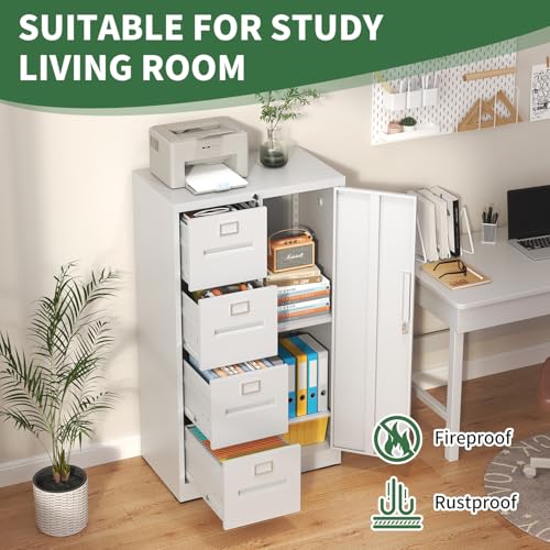 VIYET File Cabinet 4 Drawer, Vertical File Cabinet with Lock and 1 Door, File Cabinet with Storage Shelves for A4 Legal/Letter, Assembly Required (White)