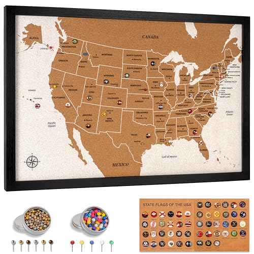 Push Pin USA Travel Map – Medium 21" x 14" United States Cork Board Map with 51 State Flag Push Pins, Metallic & Colored Pins – US Map Pin Board to Track Travels – Gift for Travelers, Couples & Families (MEDIUM)