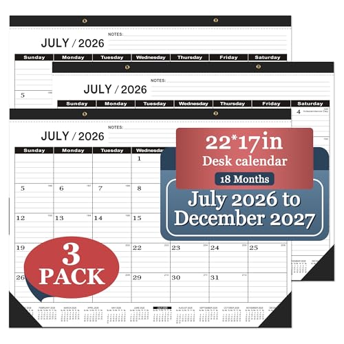 Desk Calendar 2026-2027 -3 PACK-July 2026 to December 2027-Desk Calendar 2026-2027 Large 22 x17,2027 Calendar,Classic Black,Large Calendar 2026-2027 with Plastic Cover.
