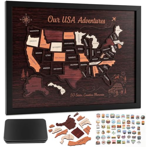 Wooden USA Travel Map Puzzle, 15x12 States Visited Map Tracker, US Travel Map to Mark Places Visited, United States Wall Decor Gift for Couples Families