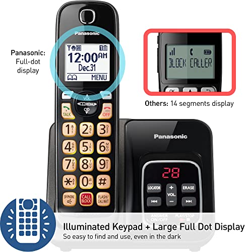 Panasonic Cordless Phone with Answering Machine, Advanced Call Block, Bilingual Caller ID and High-Contrast Display, Expandable System with 3 Handset Cordless Telephones - KX-TGD833M (Metallic Black)