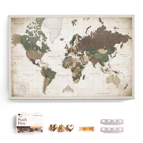 Canvas World Map with Cork Pin Board - English Lettering - Decorative Wall Decoration for All Rooms - Canvas Pictures with World Map Motif (90x60 cm, Pattern 24)