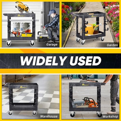Heavy Duty Plastic Utility Cart 850Lbs, 34" x 17" Rolling Work Cart with Wheels - 2 Tier Service Cart for Warehouse/Garage/Garden - Upgraded 2 Side Tube Hooks, 360° Swivel Lockable Wheels