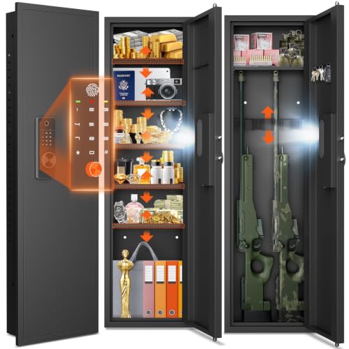 kavey 53.15" Wall Safe Between the Studs, Biometric Hidden Wall Safe with LCD Keypad & Dual Alarm, Wall Gun Safe with 5 Adjustable Shelves & Magnetic Slot (Black-Biometric)