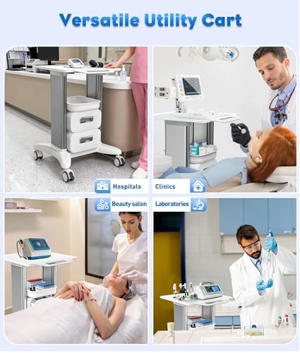 Medical Cart 3 Tiers, Lab Utility Cart with 2 Drawers & 1 Top Tray, ABS Mobile Medical Trolley Cart, Hospital Mobile Ultrasound Cart with 4 Silent Wheels for Dental Clinic, Beauty Salon, 220 LBS