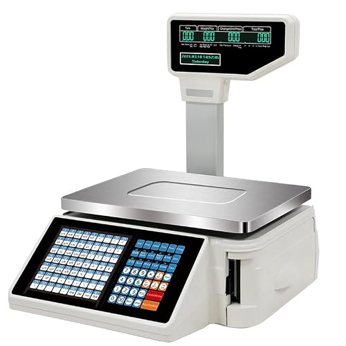 Memykoy Digital Price Label Printing Scale,Electronic Barcode Weighing Scale Cash Register with Receipt Printer,63 Shortcut Keys Commercial Scale,Double-Sided LCD Display, for Shop Machine+Scanner