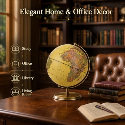 Exerz 12 Inches Antique World Globe Bronzed Metal Arc Base Vintage Look