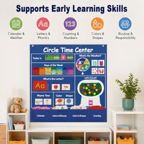 Daily Learning Center Pocket Chart Set for Classroom Routines, Calendar Weather and Counting Board with Card Pockets for Group Lessons Daily Learning Board Pocket Chart Center Calendar Letter