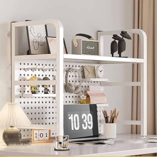 Laohucai Desk Organizer with Pegboard, Desk Hutch Shelf Dorm 2 Tier Countertop Desktop Bookshelf, Desktop Storage, White(21.6")
