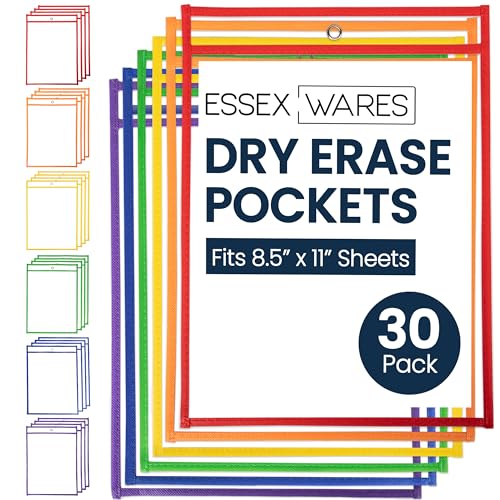 Essex Wares - 30 Pack, Assorted Colors Dry Erase Pockets, 10" W x 13.5" T