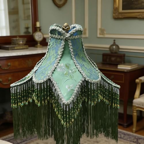 Sofyee Victorian Floor Lamp with Beaded Fringe, Green Fabric Shade, Brass Base, Ornate Vintage Style