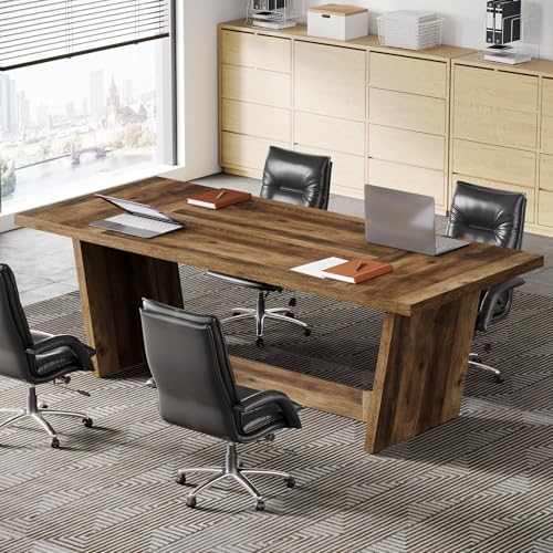 Tribesigns 6 FT Conference Room Table, 71”Large Executive Seminar Desk for 6–8 People, Rectangular Meeting for Office, Heavy-Duty Business Boardroom with Wooden Pedestal Base, Dark Brown