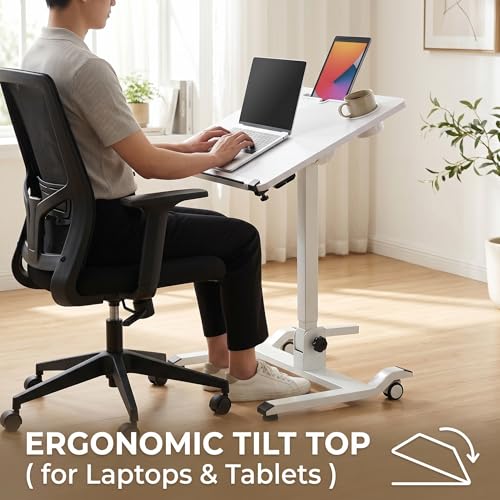ApexDesk Mobile Standing Desk with 90° Tilting Top - Height Adjustable Pneumatic Laptop Cart - Foldable Rolling Presentation Podium with Tablet Slot & Cup Holder (Oak)