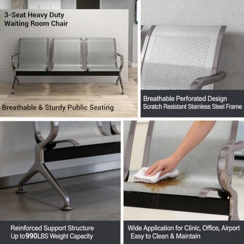 kairohill 3-Seat Metal Waiting Room Chair Durable Steel Waiting Room Bench with Armrests, Reception Chair for the Waiting Area at Hair Salon, Airport, Clinic, Shop & Home, Grey