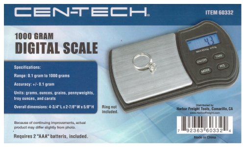 CEN-TECH® 1000 Gram Digital Scale with Stainless Steel Platform and Backlit LCD Display (CT-60332) For Measurements in Grams (g), Ounces (oz), Grains (gn), Pennyweights (dwt), Troy Ounces (ozt) and Carat (ct) Units
