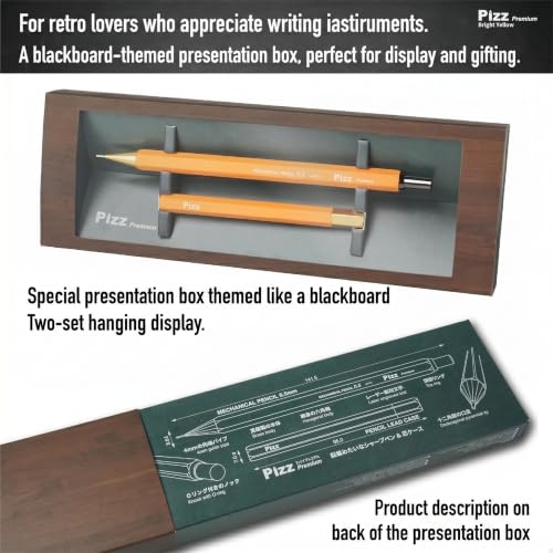 Pizz Premium Hexagonal Brass Mechanical Pencil Set with Matching Lead Case, 0.5mm Slim Pencil-Style Drafting Pencil, Gift Box Included, Made in Japan - Bright Yellow