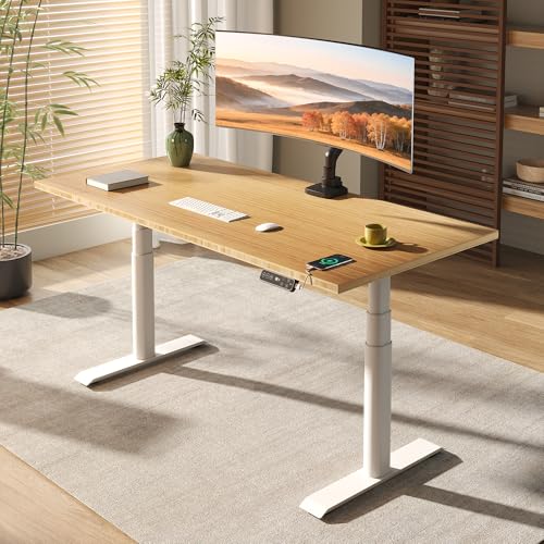 FLEXISPOT E6 Pro Organic Modern Bamboo Standing Desk, Electric Dual Motor 3-Stage Height Adjustable Desk with Oval Legs, Heavy Duty 330lbs, 48" x 24" Bamboo Desktop, White Frame