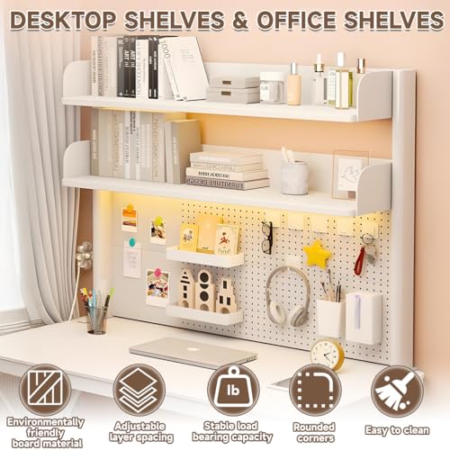 Clamp on Desk Shelf, Multipurpose 2-3 Tier Desk Hutch with Pegboard, Wood Desktop Countertop Storage Organizer Height Adjustable,Desktop Bookshelf for Dorm,Office Home,White tall15in long31in