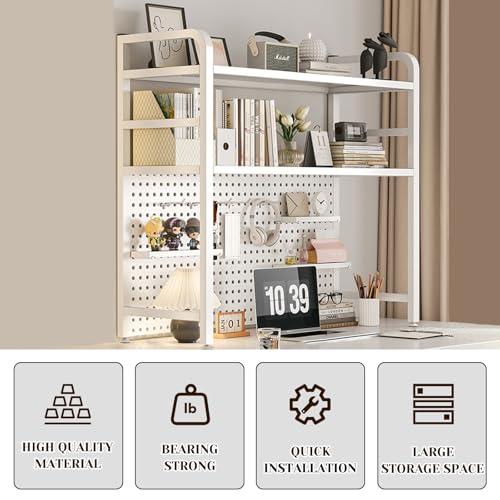 Nerxerx 2 Layer Desktop Bookshelf for Computer - Multipurpose Metal Hutch Shelf, Wrought Iron Bookcase for Office Supplies Organizer (White)