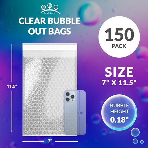 ABC PACK & SUPPLY Bubble Wrap Pouches, 7 x 11.5 Inch Clear Self Seal Packing Bags, Polyethylene Cushioning Sleeves for Shipping, Moving, Storage, Pack of 150
