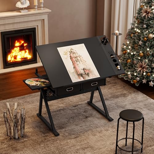 WZONICE98 Adjustable Drawing Drafting Table with 2 Drawers and Stool 330 lbs Capacity 0-75° Tilt Art Desk with Storage 26.77-35.82" Height Adjustable Craft Table for Home Office Bedroom Black