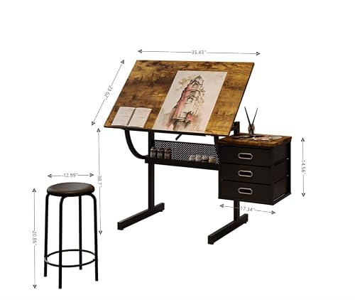Zentrava Rustic Brown Height Adjustable Drafting Art Table for Adults, Rustic Brown Drafting Drawing Table Desk with 3 Drawers and Stool, 0-75° Tilting Tabletop Art Drawing Table for Drawing