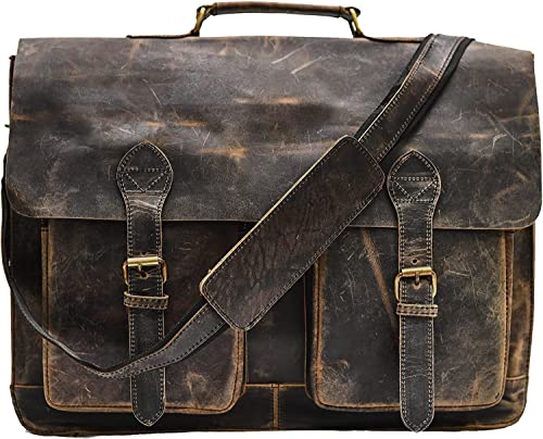 MaheTri Distressed Hunter Buffalo Leather Laptop Messenger Bag Office Briefcase Crossbody Travel Bag Office Bag (18-Inch)