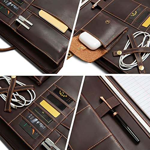 GZRHKJ Genuine Leather Portfolio, Padfolio Organizer with Handle, Personalized Padfolio，Padfolio with Zipper for Men Women，Suitable for 15-inch Laptop Legal Pad Padfolio, Dark Brown