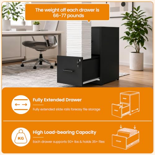 2 Drawer File Cabinet with Lock, Metal Vertical File Cabinets for Home Office, Office Furniture for Organization Hanging Legal/Letter/A4, Office File Cabinet Storage Cabinet, Require Assembly, Black