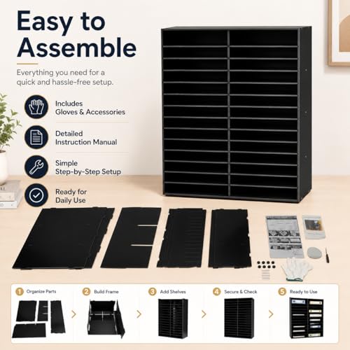 48-Slot Mail Sorter Wood Literature Organizer, 16 Tier Bill Paper Organizer Cabinet, 110lb Capacity - Desk Student Mailbox for Classroom, Office, Home, Document Storage & Magazine Display, Black