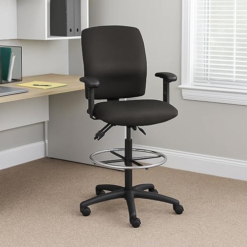 Benzara Jea Drafting Stool, Seat Tilt Lock, Adjustable Arms, Black Crepe
