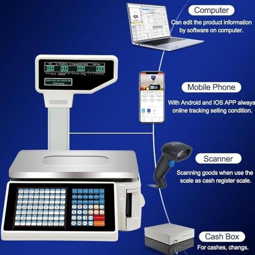 Memykoy Digital Price Label Printing Scale,Electronic Barcode Weighing Scale Cash Register with Receipt Printer,63 Shortcut Keys Commercial Scale,Double-Sided LCD Display, for Shop Machine+Scanner