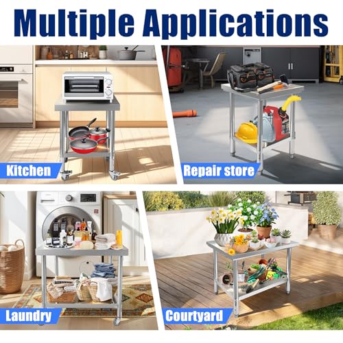 Srehloe Stainless Steel Work Table with 4 Wheels 30 x 18 x 34 Inch Adjustable Metal Commercial Prep Workstation 2-Tier Heavy Duty Mobile Work Station Suitable for Kitchen Restaurant Hotel Garage
