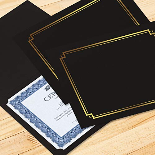 Classic Black & Gold Certificate Folders - Pack of 50, Linen Cover 80 lb. Stock, Folded, Die-Cut Corners, for Office, Business Awards, Graduation, School Diploma Holder, 9-1/2" x 12"