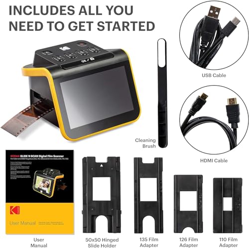 Kodak Slide N Scan Digital Film Scanner 5"" Screen - Negative Film and Slide Digitzer, Convert Color & B&W Negatives & 35mm, 126mm, 110 mm Film to 22MP JPEGs with 64GB SD Card & Card Reader, Black