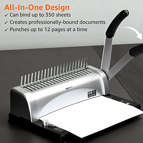 Amazon Basics Comb Binding Machine, 350 Sheets Capacity, Punches 12 Sheets, for Paper Sizes A5(15 holes)/Letter(19 holes)/A4(21 holes) with Adjustable Margin, Grey