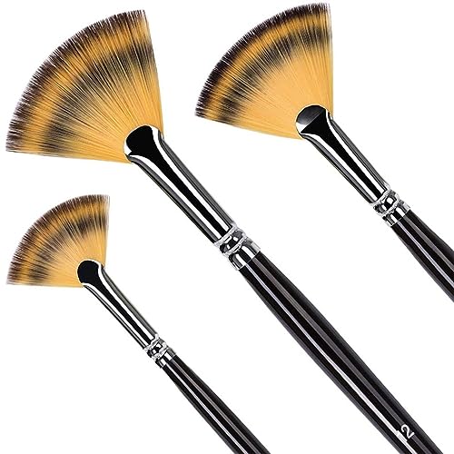 UOHLCX HBJWOV 3Pcs Fan Brushes Set Soft Nylon Hair Birch Wooden Long Handle Artist Paint Brush for Acrylic Watercolor Painting
