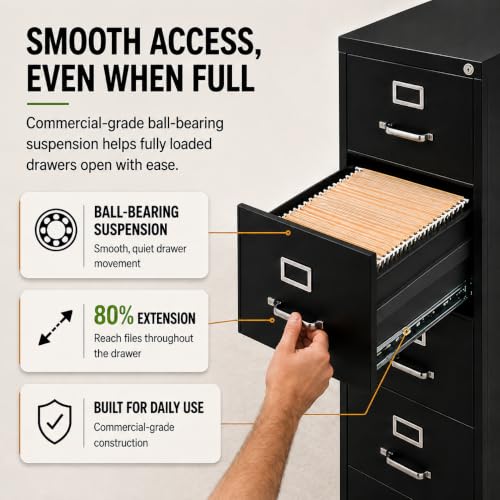 Pemberly Row 4 Drawers 52" Vertical Black Metal Filing Cabinet Lockable Pre-Assembled Stationary Letter Size for Home, Office