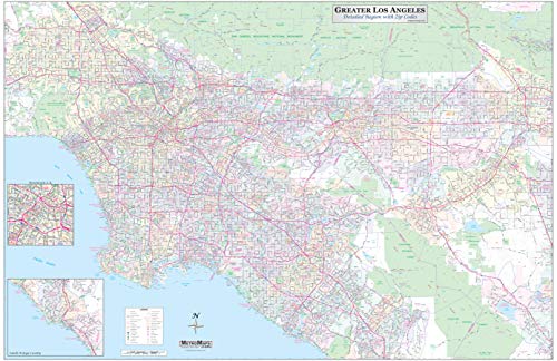 Metro Maps Los Angeles-Orange County-Riverside Detailed Region Wall Map (67"x44") w/Zip Codes (Laminated)