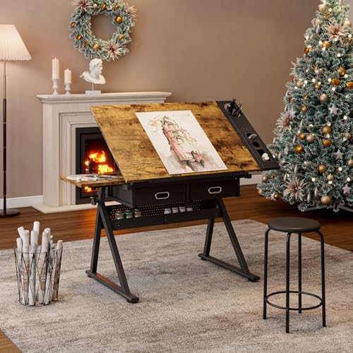 Eclivon Adjustable Drawing Drafting Table Desk with 2 Drawers & Stool, 0-75° Tilt, Height Adjustable Art Workstation with Storage for Drawing, Crafting, Home Office, Artists (Brown+Black)
